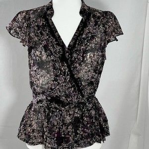 ELLE Shear Floral Lace Wrap Around Blouse Size Medium